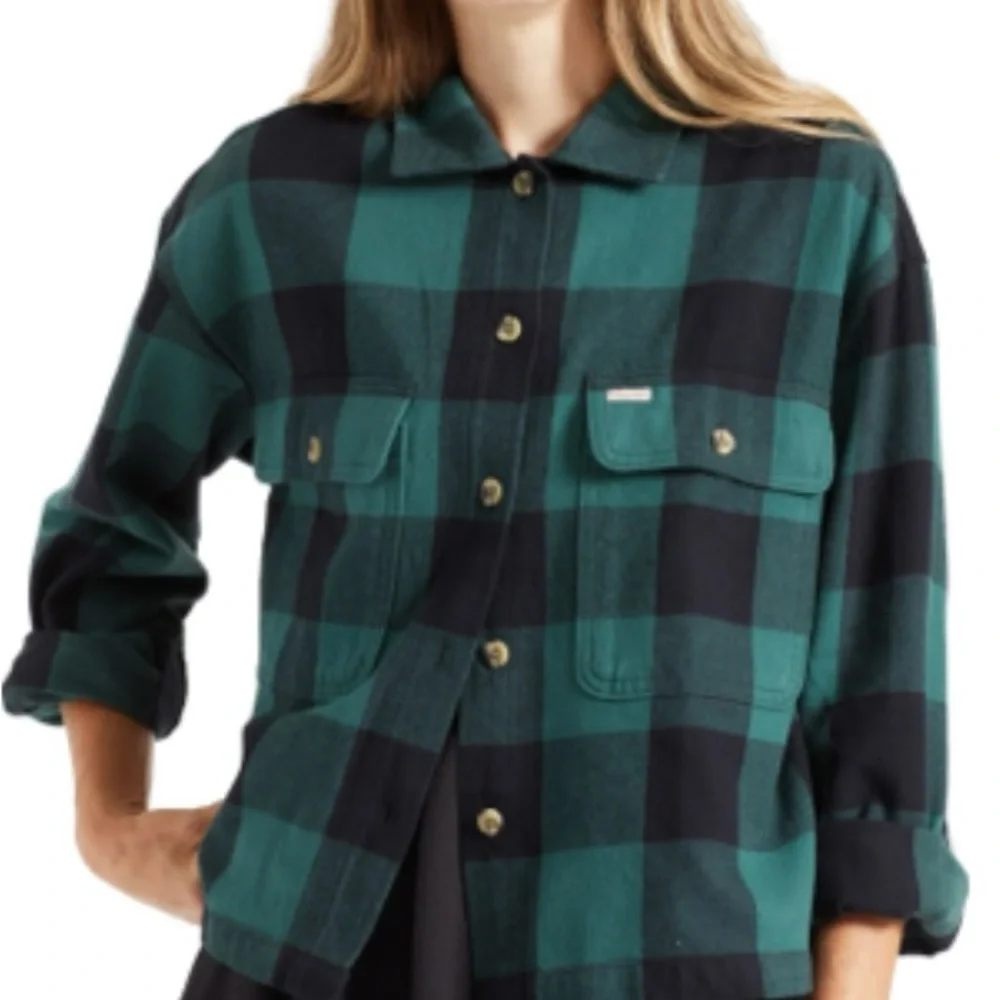 Brixton Bowery 100% Organic Cotton Shirt Jacket - Emerald Green & Black Plaid - Picture 1 of 6
